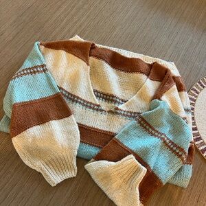 Striped V-Neck Sweater - Cream, Brown, and Blue